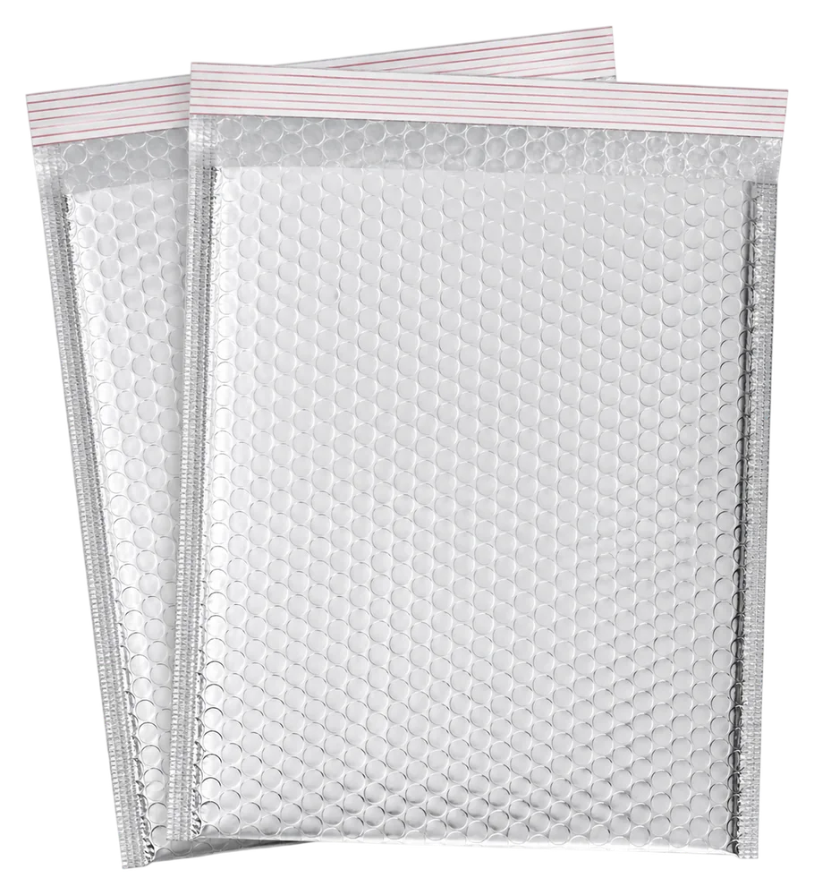 Two silver metallic Cool Shield thermal bubble mailers